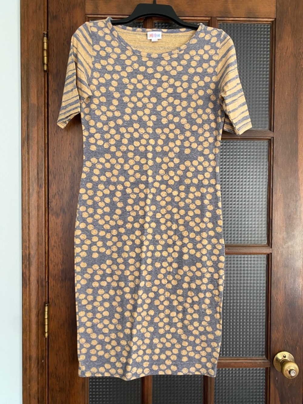 LuLaRoe yellow polla dot on grey bodycon knee length dress -- soft & cute!